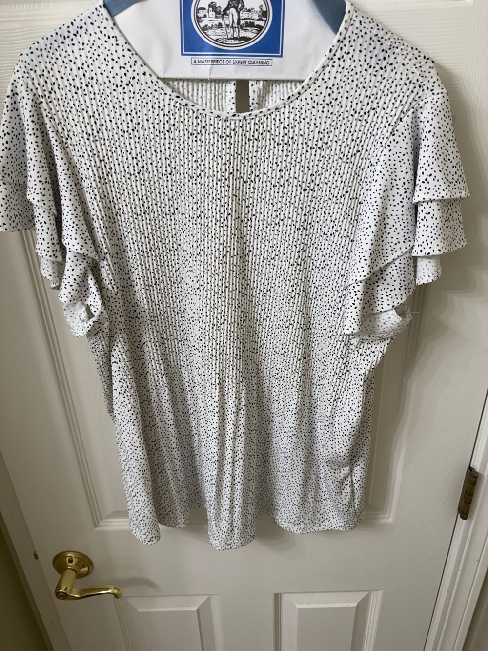 Adrianna Papell White and Black Dot Ruffle Sleeve Blouse